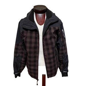 Woolrich Mens Black Brown Buffalo Plaid Jacket Coat Packable Hood Lightweight M